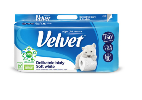 PAPIER TOALETOWY VELVET DELIKATNIE BIAŁY 8 ROLEK, 3 WARSTWY